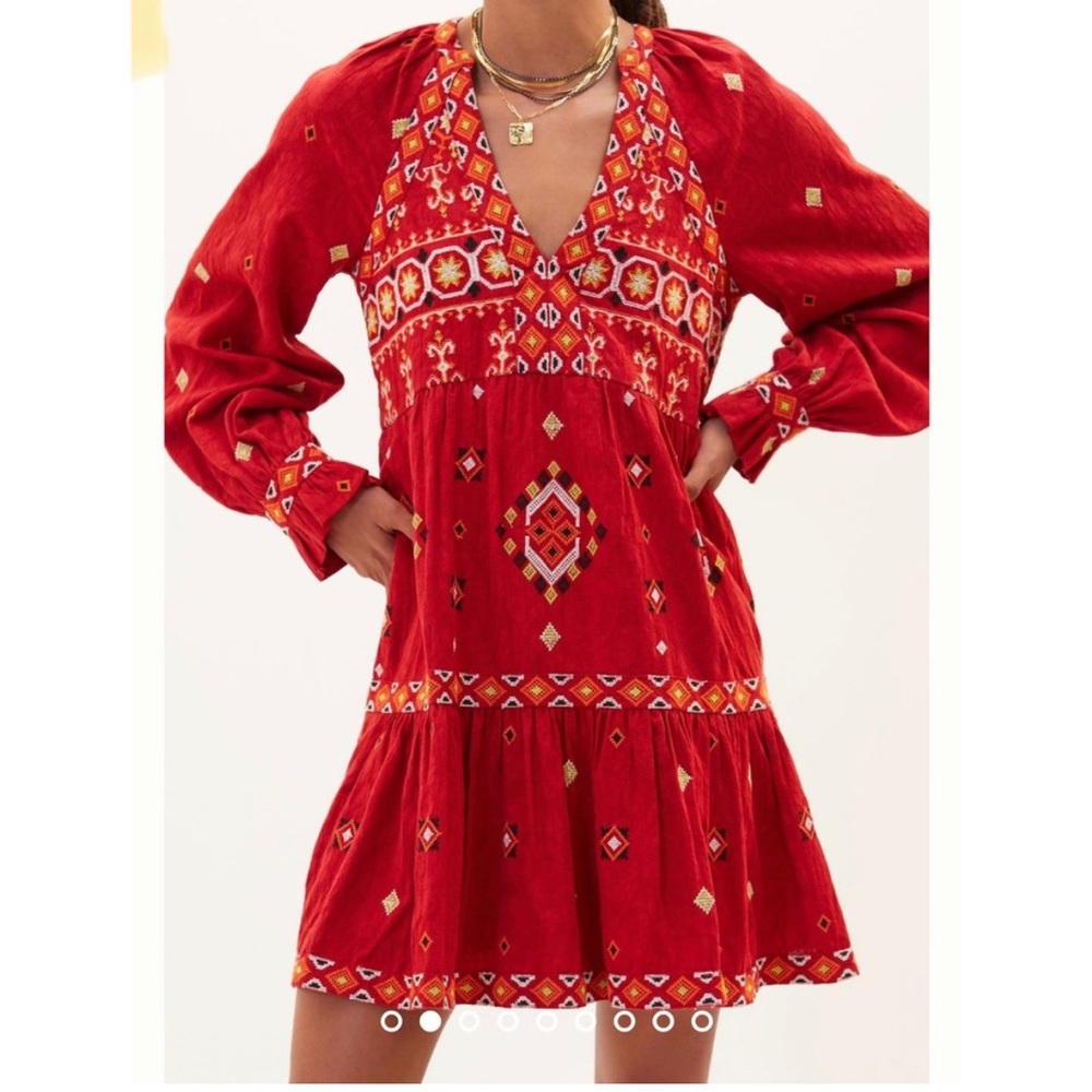 Anthropologie Embroidered Western Flowy Tunic Dress Red Size XS
